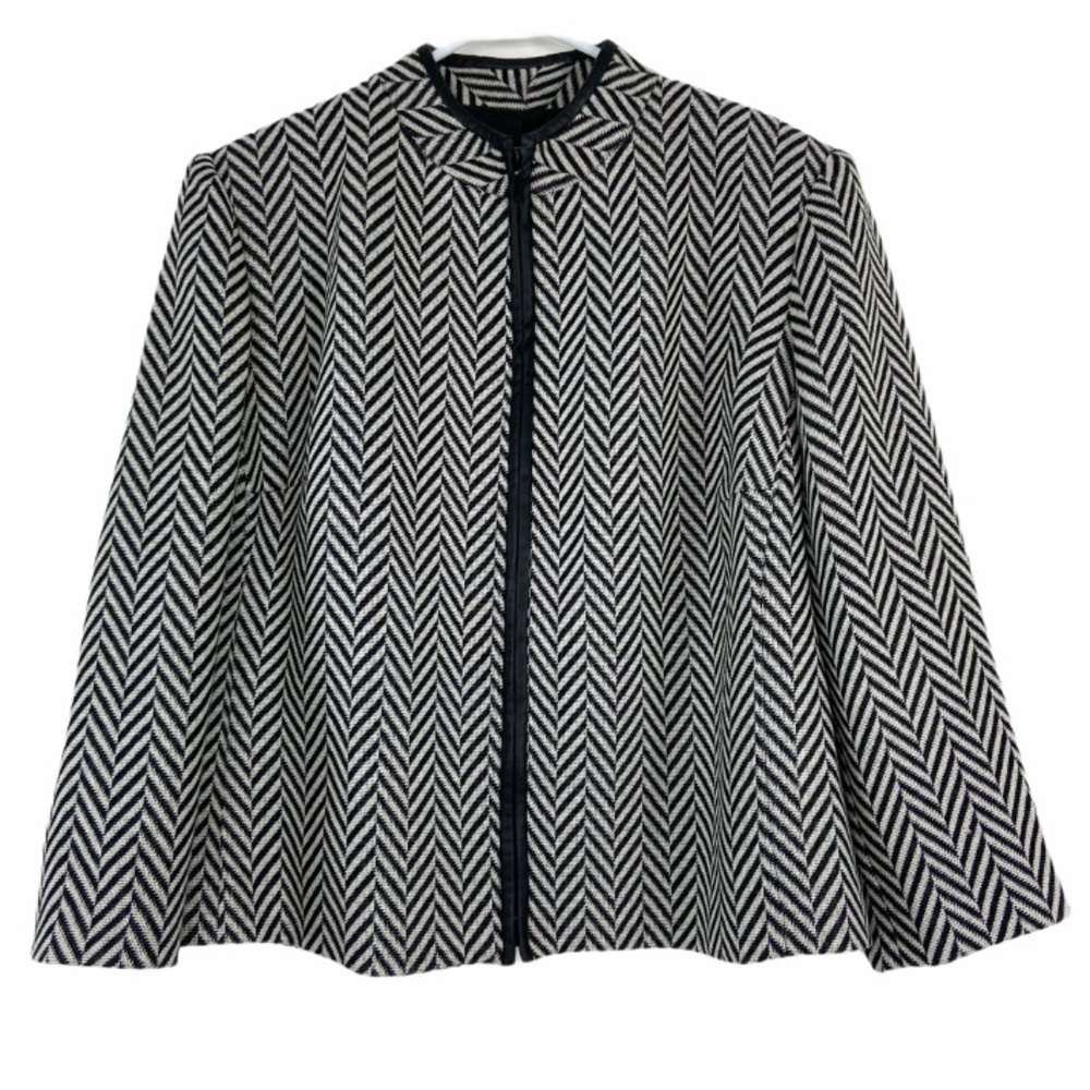 Oscar de la Renta wool blk & wht chevron zip coat